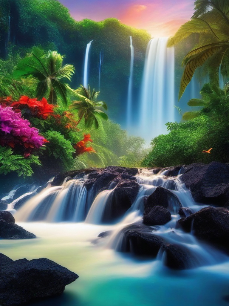 Live Wallpapers - Dynamic Waterfall in a Tropical Paradise wallpaper splash art, vibrant colors, intricate patterns