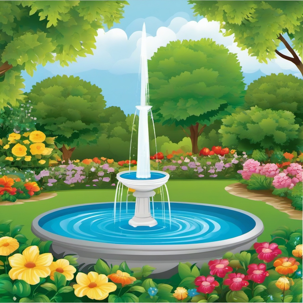 Garden clipart - garden with a fountain  clipart