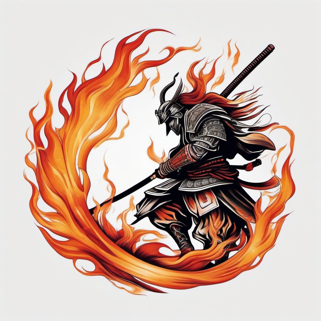 Burning samurai tattoo rising from transformative flames.  color tattoo,minimalist,white background