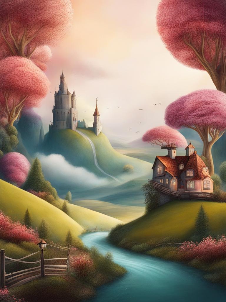 whimsical wonderland - illustrate a whimsical wonderland with imaginative landscapes and surreal elements. 