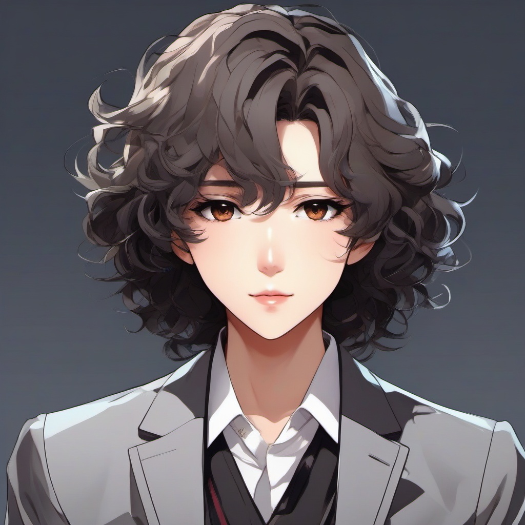 Anime asian with curly hair and wearing suit  front facing ,centered portrait shot, cute anime color style, pfp, full face visible