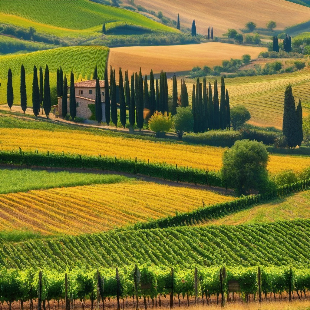 Tuscan Vineyard Landscape - Transport your garden to the beauty of a Tuscan vineyard. multicoloured, photo realistic, hyper detail, high resolution