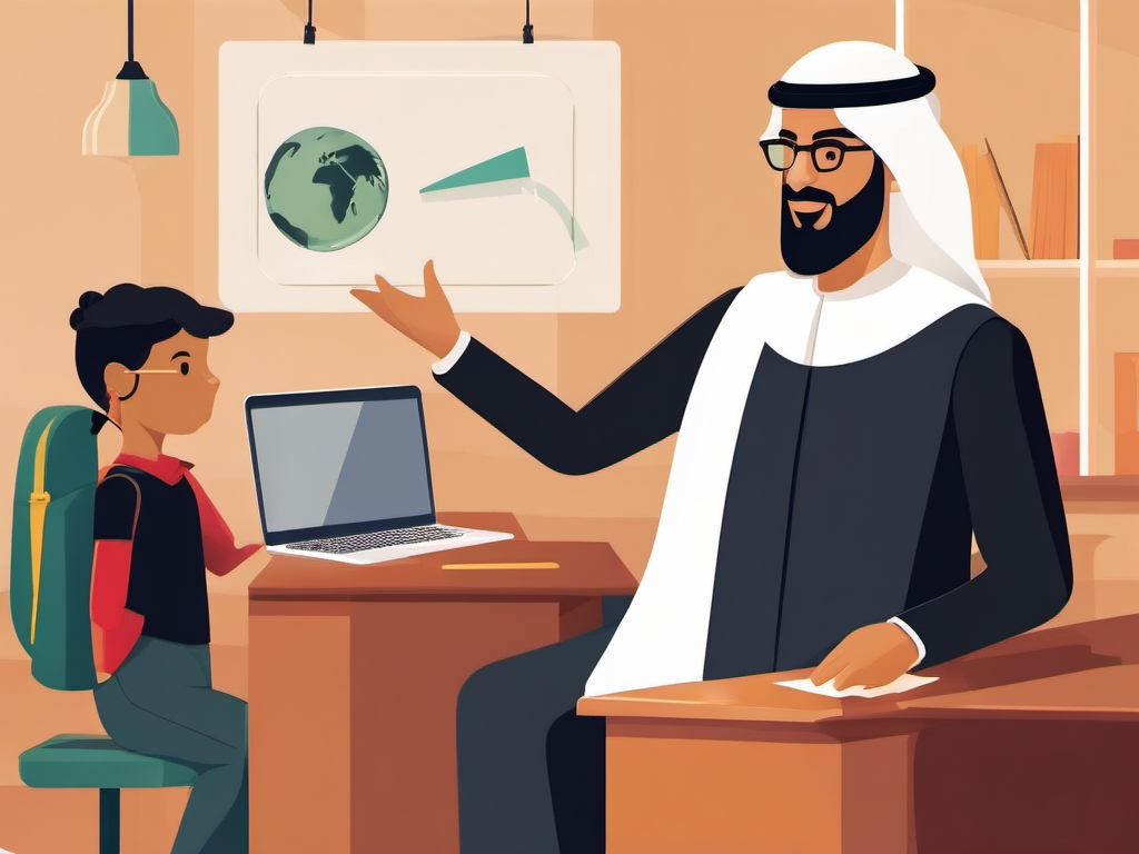 Educator imparting Arabic language skills in a culturally diverse learning environment.  vector art,clipart,minimalist