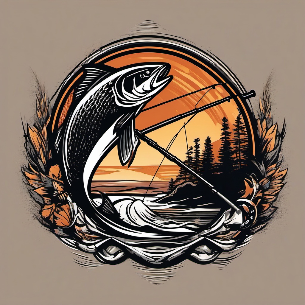 Fishing Hunting Tattoo-Bold and dynamic tattoo featuring elements of both fishing and hunting, perfect for outdoor enthusiasts.  simple color vector tattoo