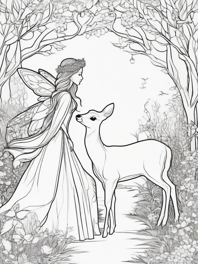 Fairy and Deer Coloring Pages - Fairy Walking Beside a Gentle Deer  minimal black outline printable sheet, coloring page