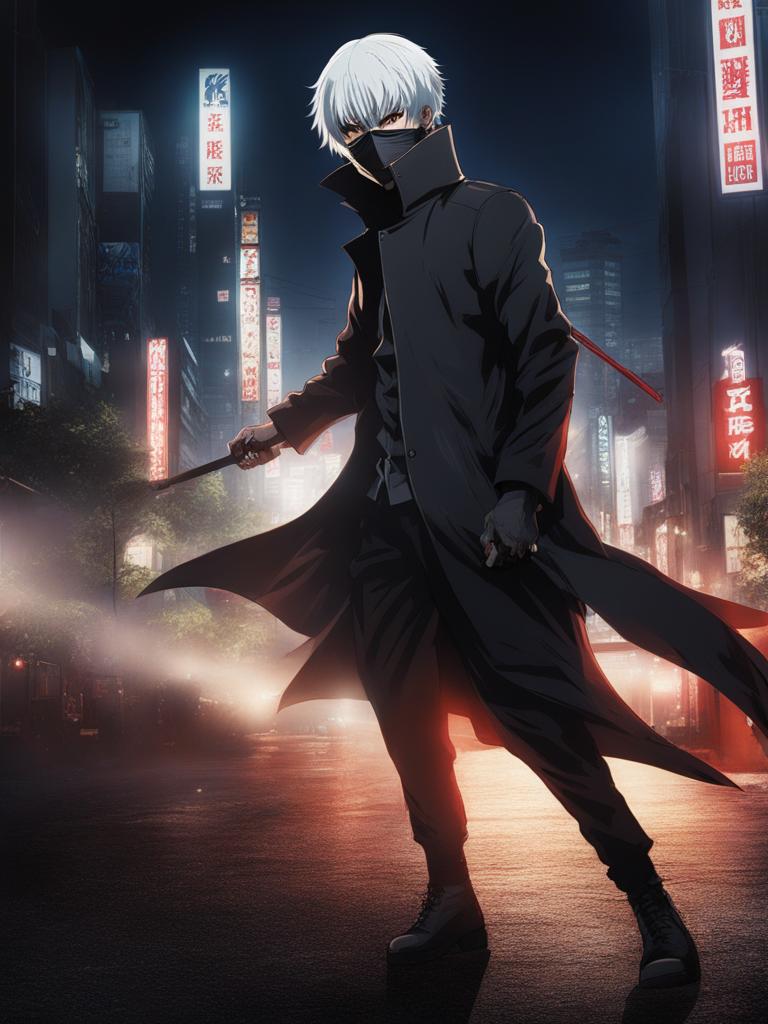 kaneki ken battles a fearsome ghoul adversary in the dimly lit streets of tokyo. 