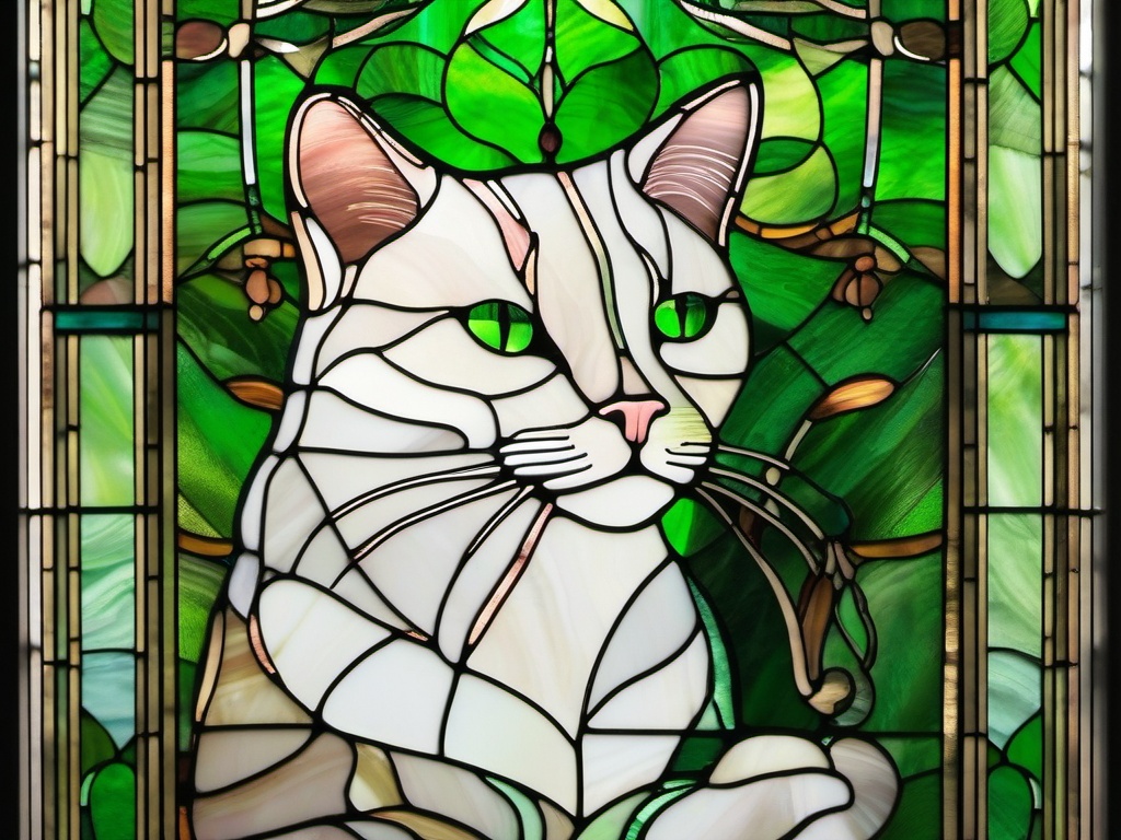 Stained Glass Cat - Elegant cat with bright green eyes  