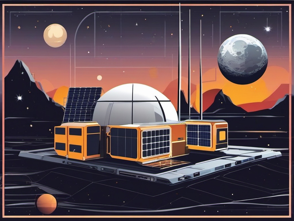 Moon Base Sticker - Lunar base with habitation modules and solar panels, ,vector color sticker art,minimal