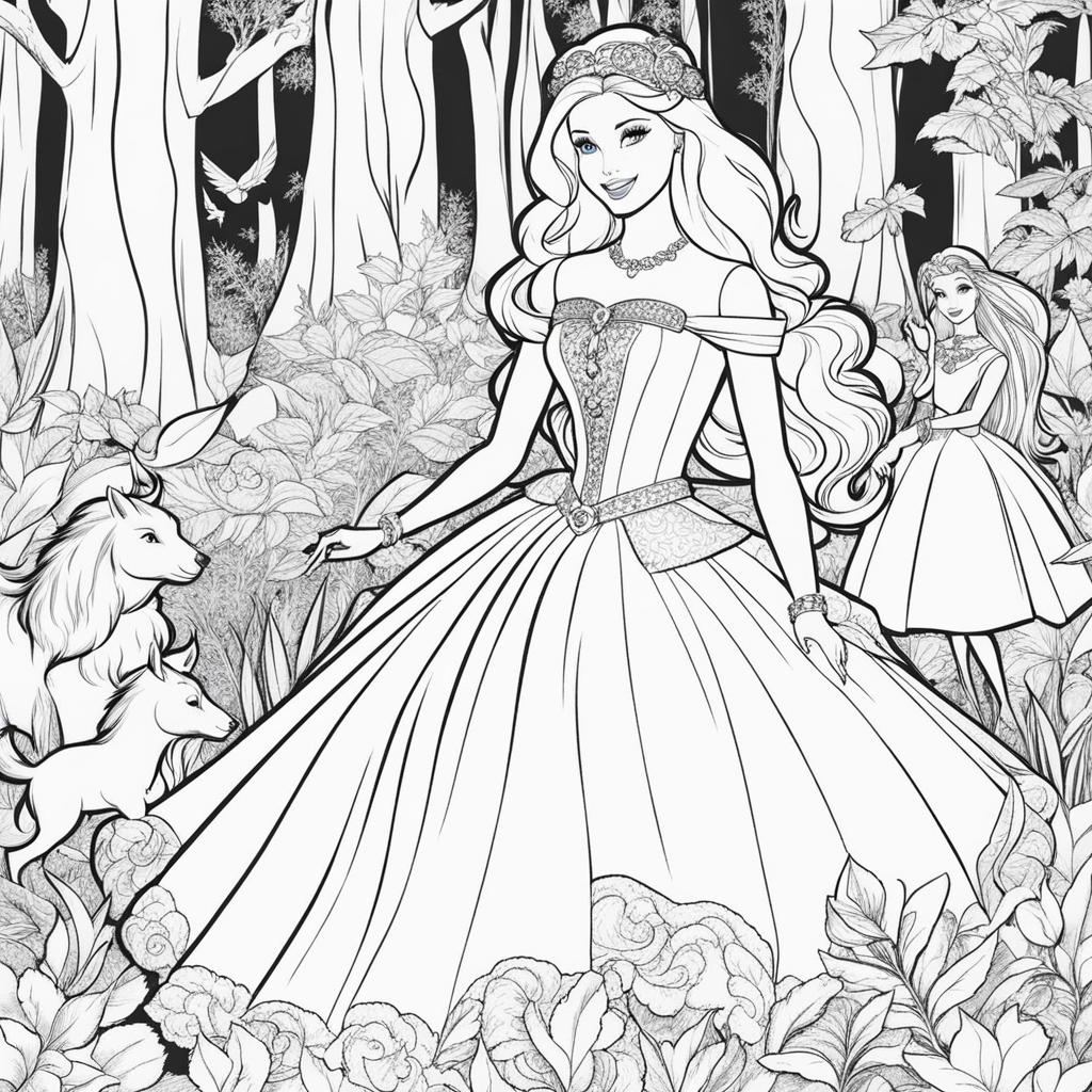 barbie coloring pages - barbie explores a magical forest filled with talking animals. 