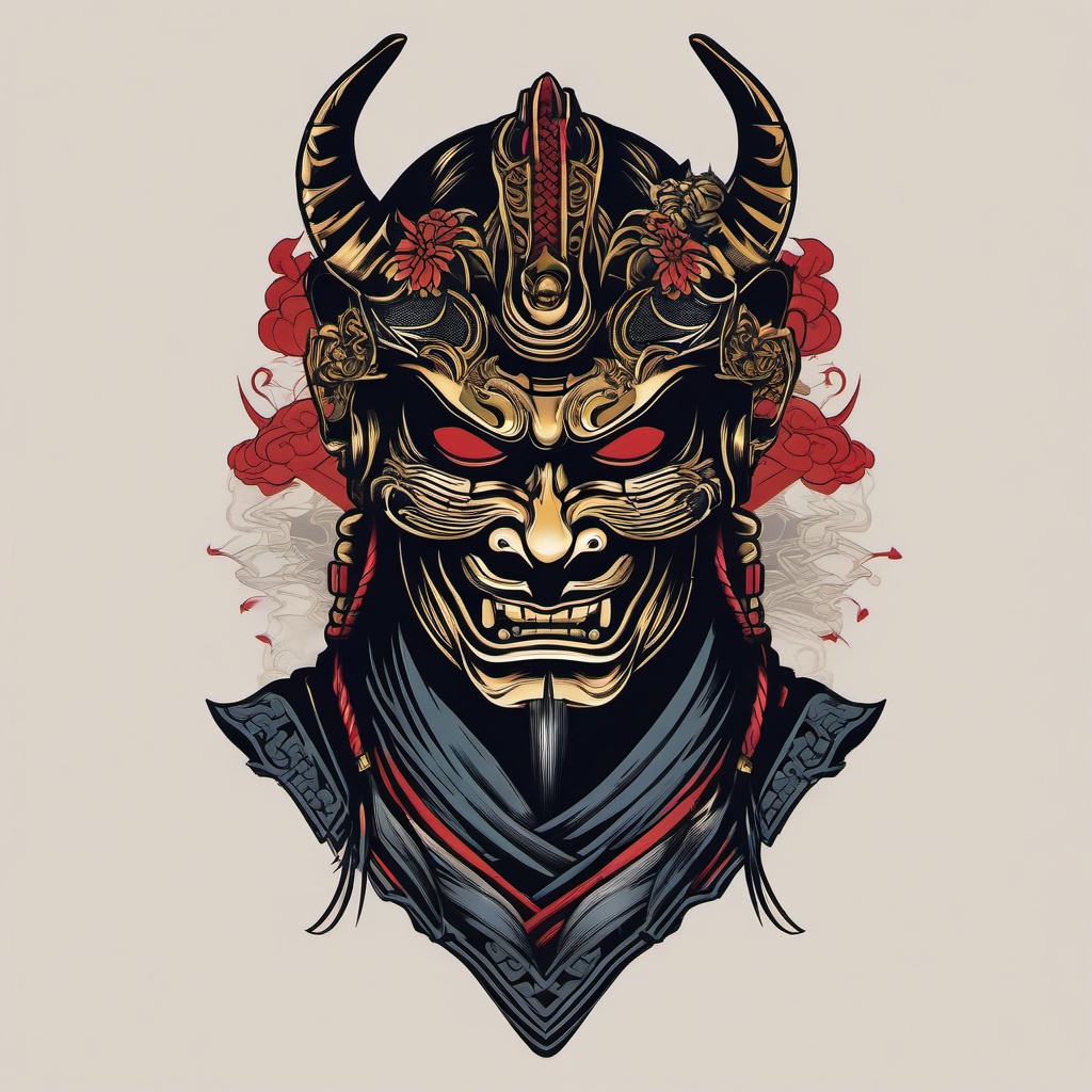 Hannya Mask Samurai Tattoo Design-Bold and artistic tattoo design featuring a Hannya mask with a samurai twist, capturing traditional and warrior aesthetics.  simple color vector tattoo