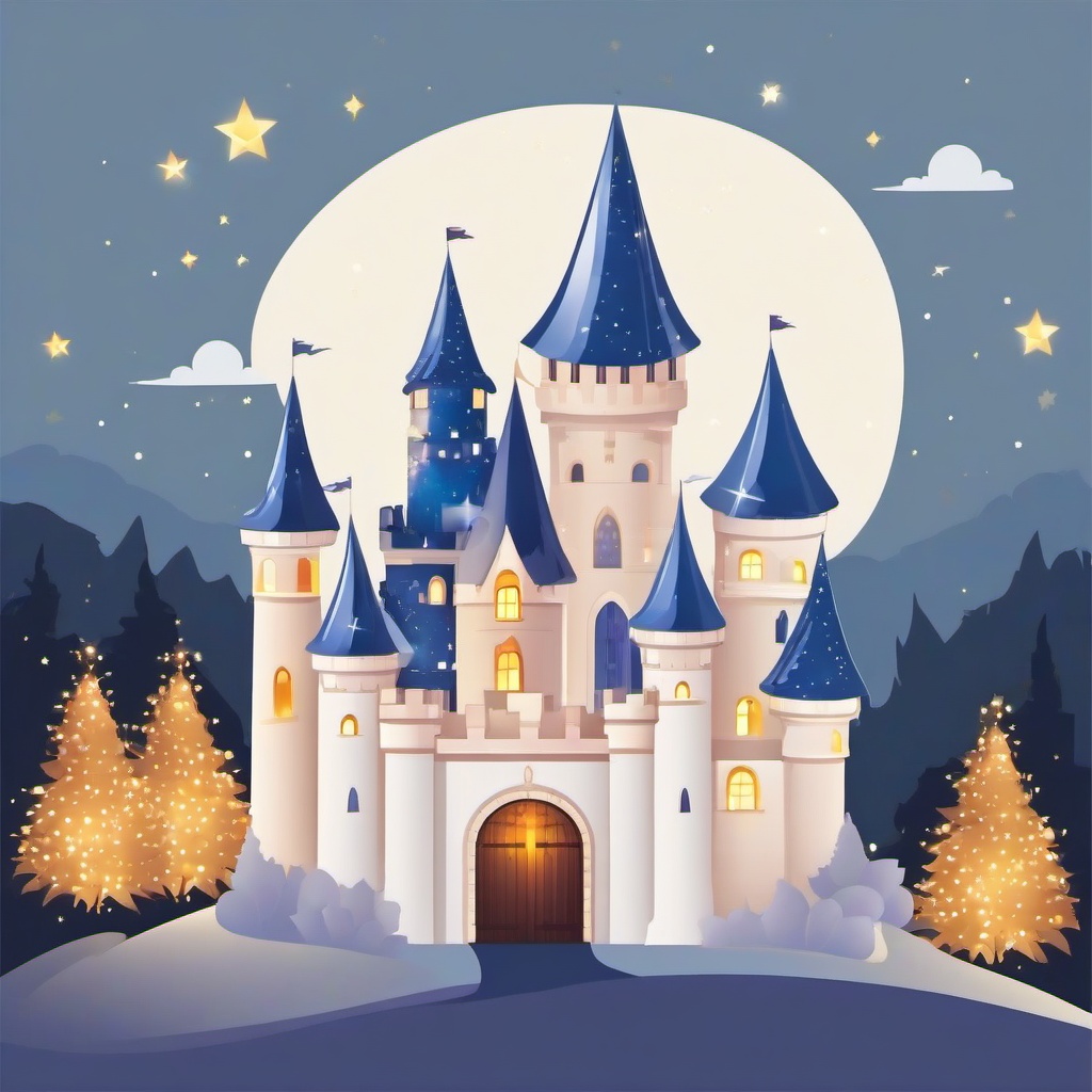 Fairytale castle with twinkling lights clipart.  vector style illustration, white background