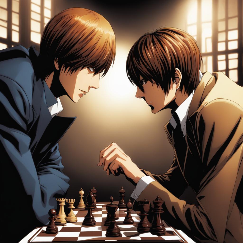 light yagami and l face off in a high-stakes mental chess match in a dimly lit room. 