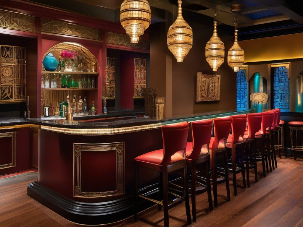 In the bar room, Egyptian Revival interior design includes ornate bar stools, bold colors, and decorative elements that create a lively atmosphere for socializing.  