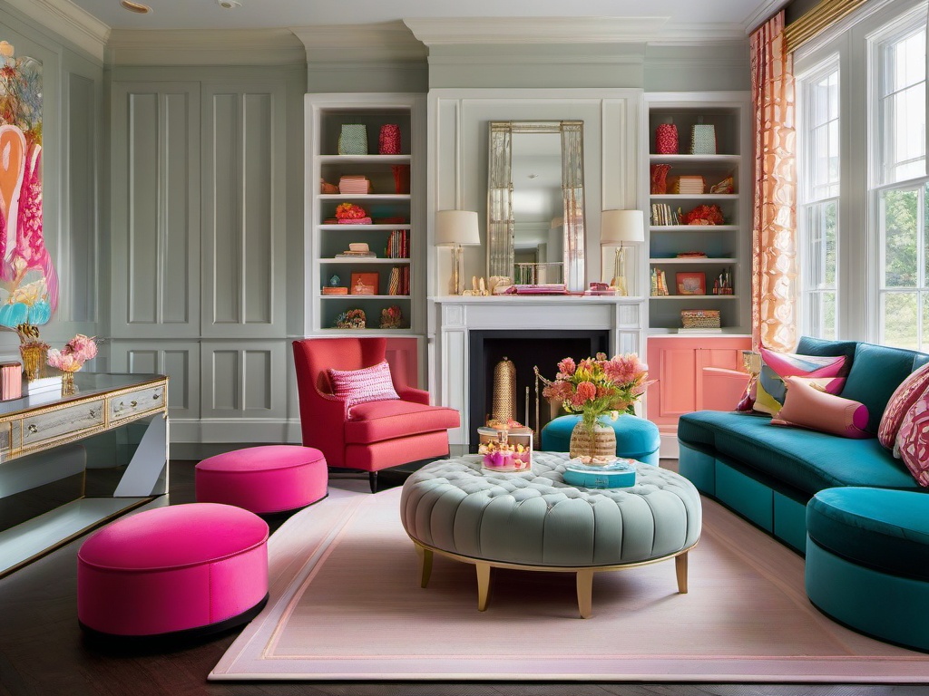 The playroom embodies Regency interior design with elegant furnishings, playful accents, and a stylish atmosphere, providing a chic space for children's activities.  