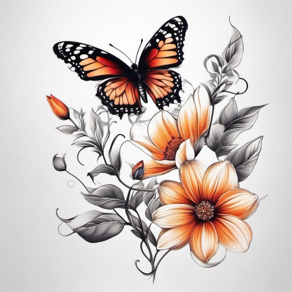 butterfly flower tattoo ideas  simple color tattoo, minimal, white background