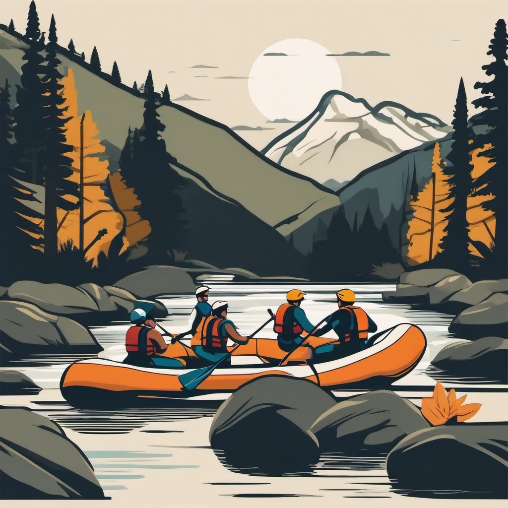 River Rafting Adventure Clipart - Rafters embarking on a wild river adventure.  color vector clipart, minimal style