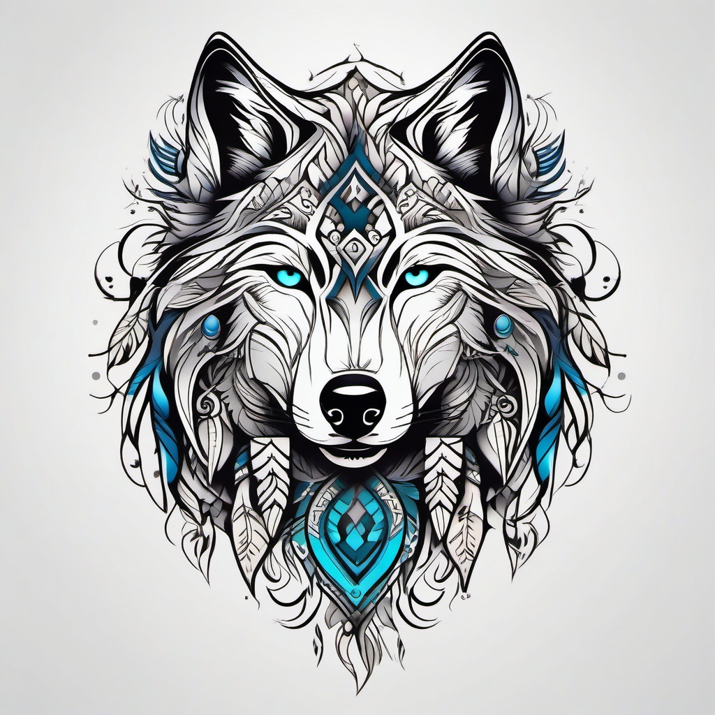 Wolf and Tribal Tattoo,magnificent wolf intertwined with tribal elements, reflecting primal wisdom and unity with nature. , color tattoo design, white clean background