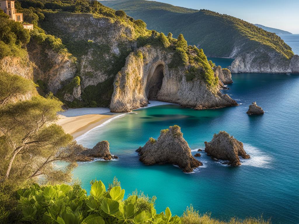 calabrian coastal serenity - paint a serene coastal scene along the lesser-known calabrian coast, where pristine beaches meet azure waters. 