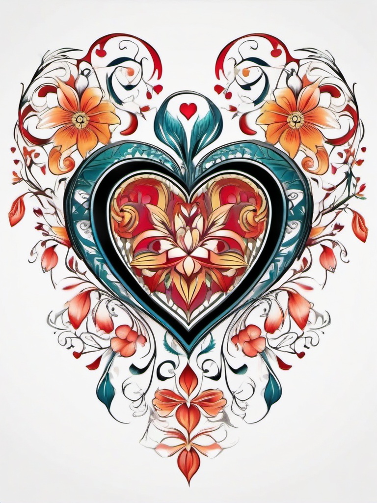 Floral heart tattoo, Heart adorned with intricate floral patterns, symbolizing the delicate beauty of love. , tattoo color art, clean white background