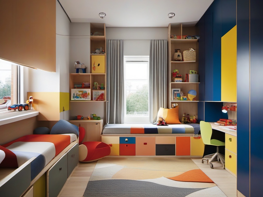 In the kids' room, Bauhaus interior design showcases playful yet functional furniture, geometric patterns, and ample storage that inspire creativity and imaginative play.  