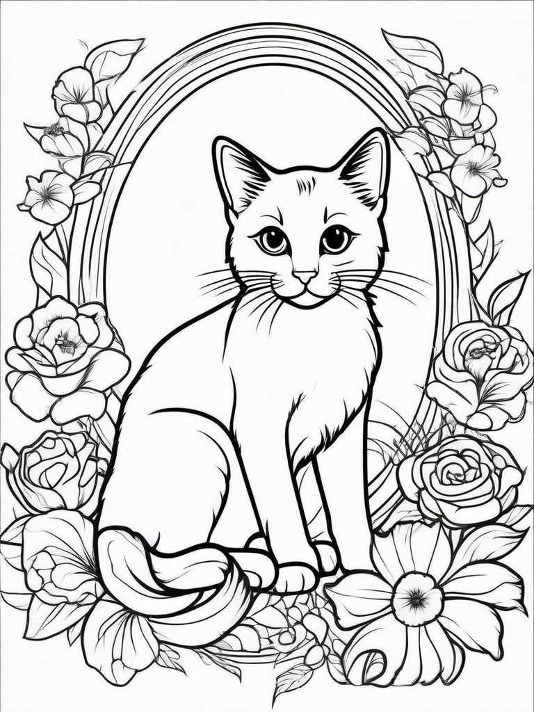 Kitty and Flowers Coloring Pages - Kitten Surrounded by Beautiful Flowers  minimal black outline printable sheet, coloring page