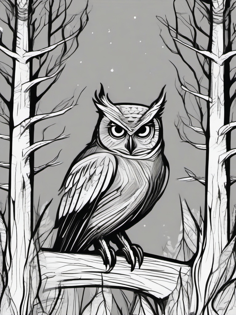 drawing of an owl in a haunted forest  minimal rough sketch scribbles,doodles,black and white