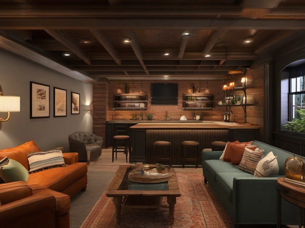 The basement highlights vintage interior design with a mix of comfortable furnishings, vintage decor, and warm colors that create a cozy space for entertainment and relaxation.  