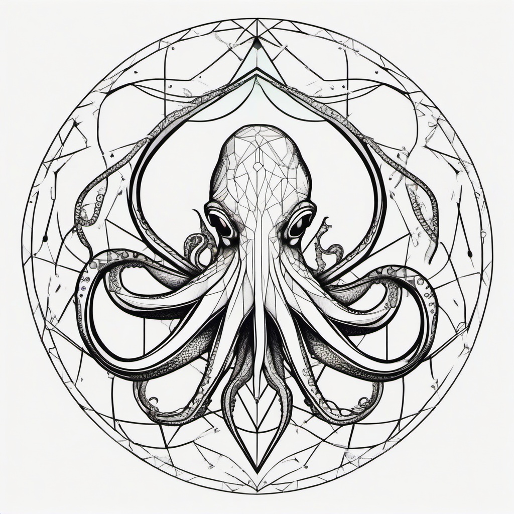 Geometric Octopus Tattoo - Explore the intersection of nature and geometry with a tattoo featuring a geometrically inspired octopus.  simple vector color tattoo,minimal,white background