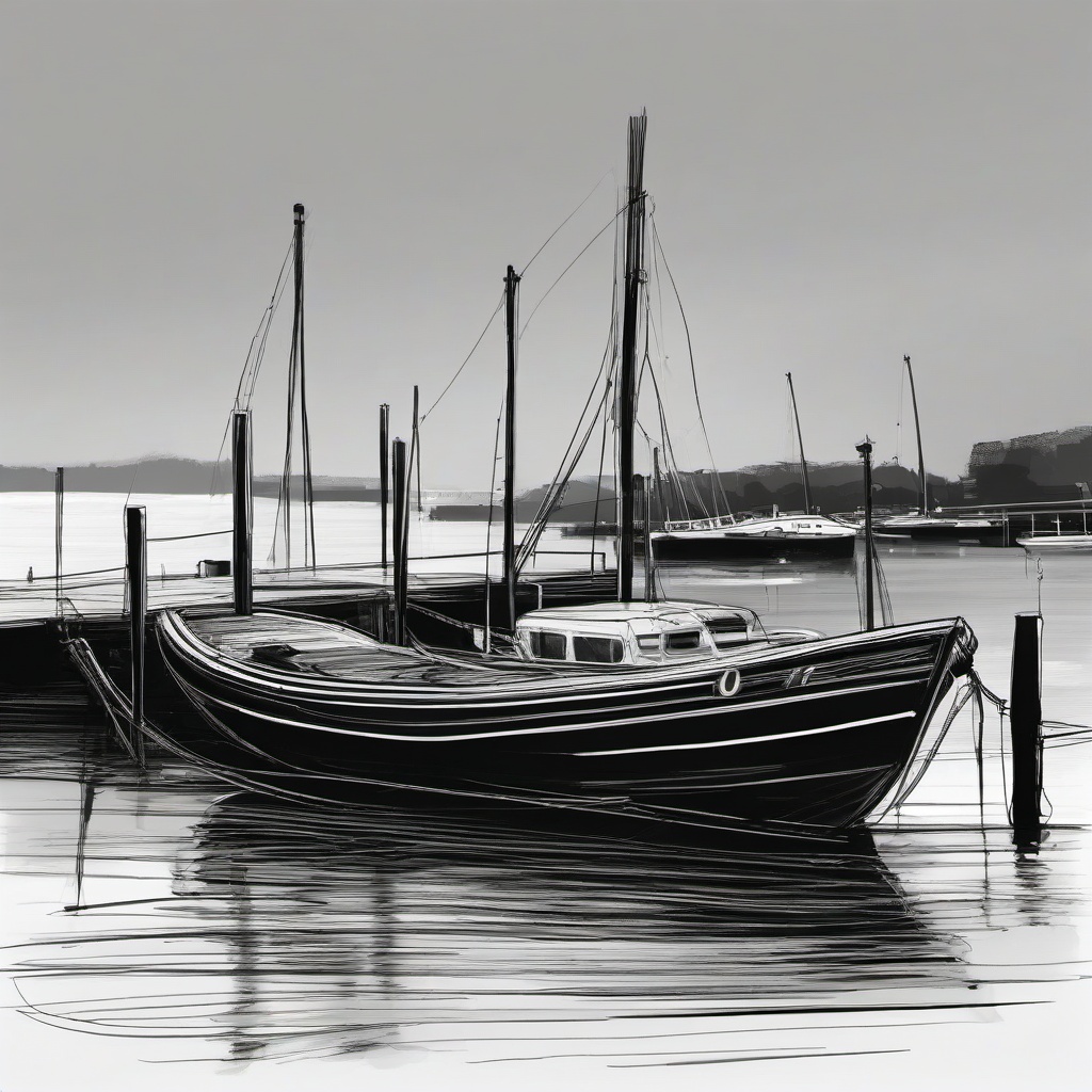 drawing of a boat at the dock  minimal rough sketch scribbles,doodles,black and white