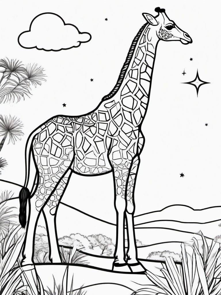 Giraffe Coloring Pages - Giraffe gazing at the stars under a night sky  simple coloring pages