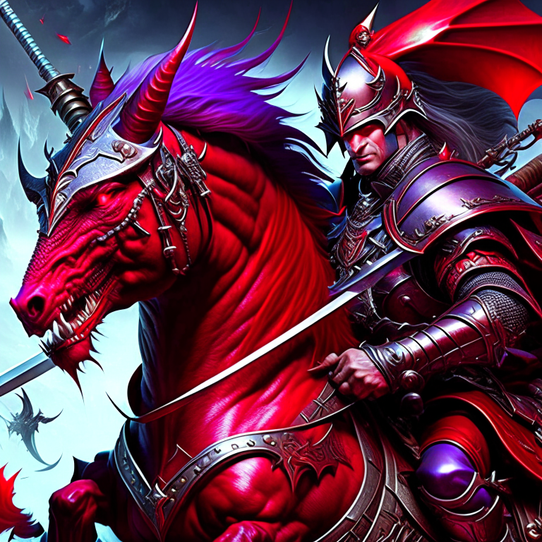 githyanki warrior, wielding a silver greatsword and riding a red dragon into battle. 