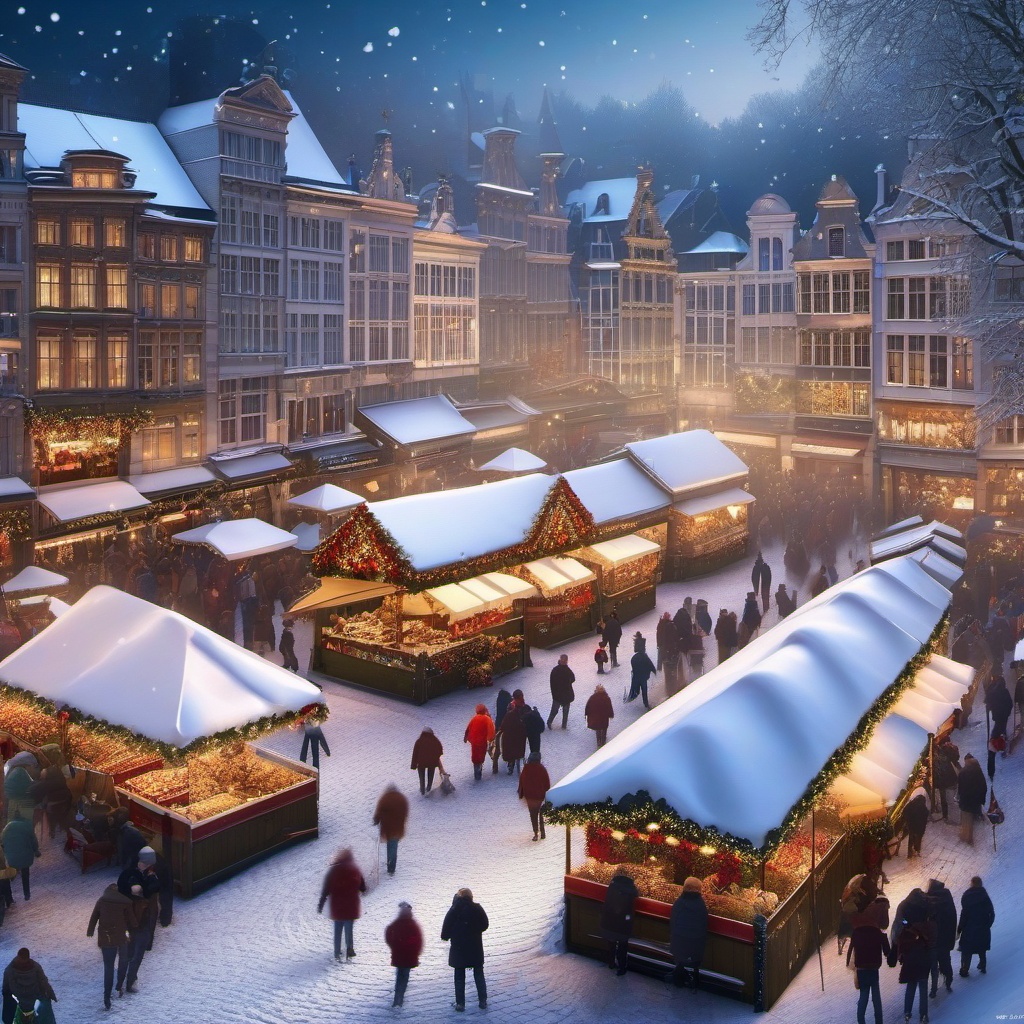 Christmas Desktop Wallpaper - Snowy Christmas Market in Brussels, Belgium  wallpaper style, intricate details, patterns, splash art, light colors