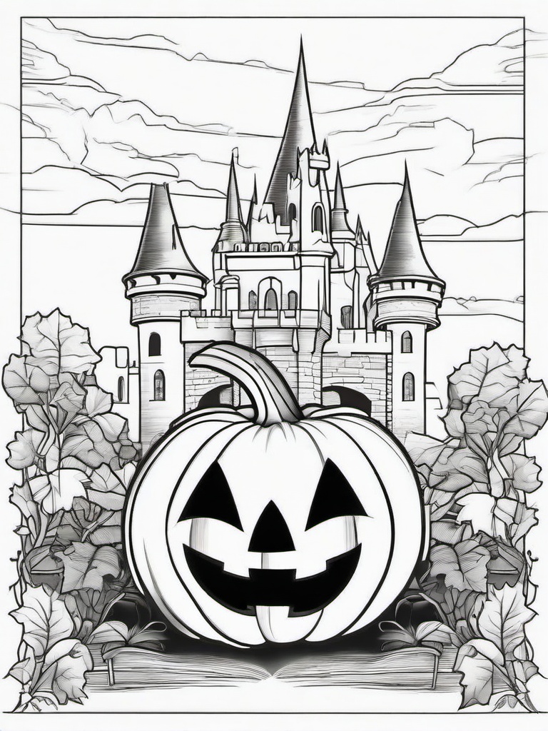 Pumpkin and Haunted Castle Coloring Pages - Spooky Castle Behind a Grinning Pumpkin  minimal black outline printable sheet, coloring page