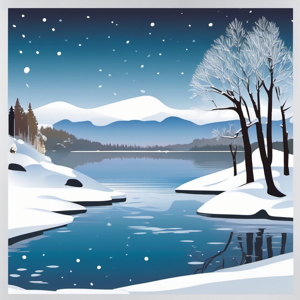 Snowy Lakeside clipart - Snowy lakeside with reflections, ,vector color clipart,minimal