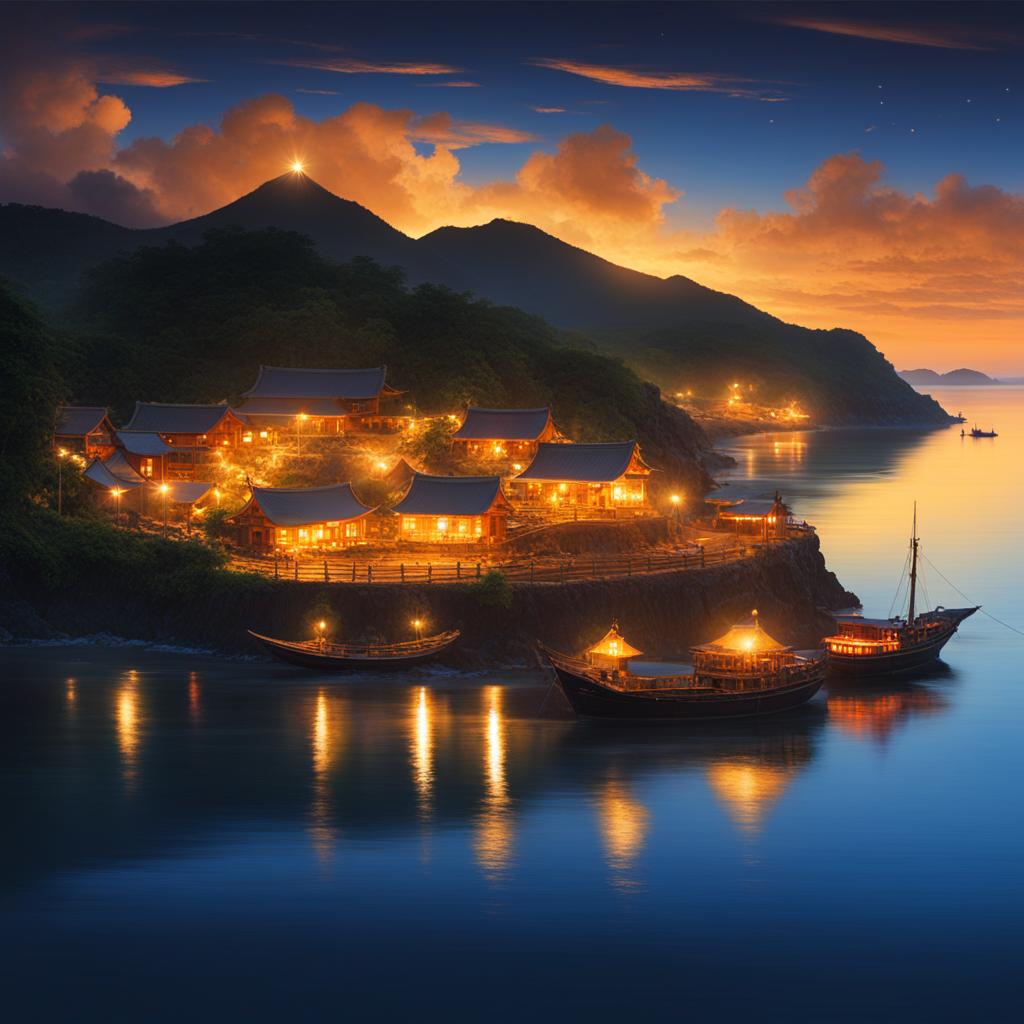 sado island - paint a night view of sado island, with its traditional performances, gold mines, and pristine coastlines, all embraced by the soft glow of lanterns. 