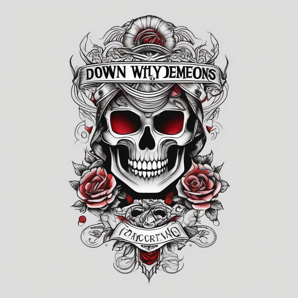 Down with My Demons Tattoo-Bold and empowering tattoo featuring the phrase Down with My Demons, capturing themes of overcoming challenges and personal strength.  simple color tattoo,white background