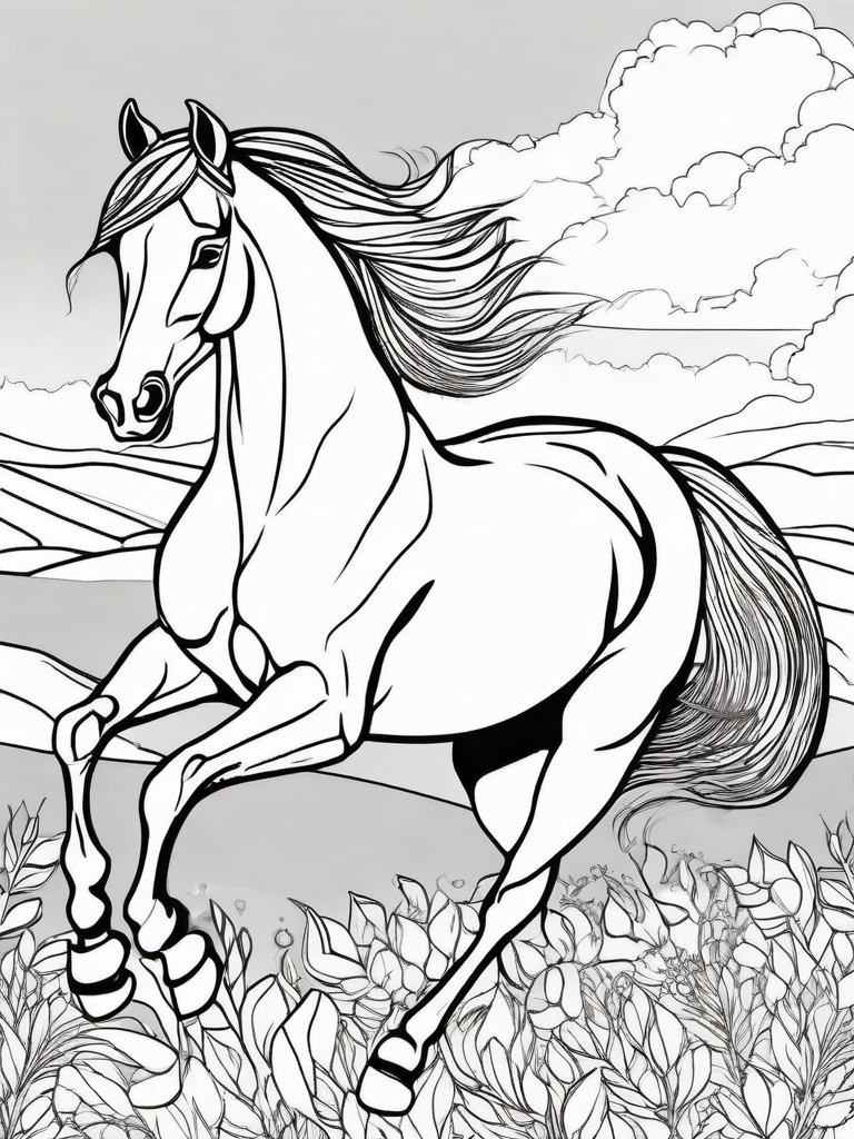 Horse Coloring Page - Majestic Galloping Animal  black outline printable coloring page