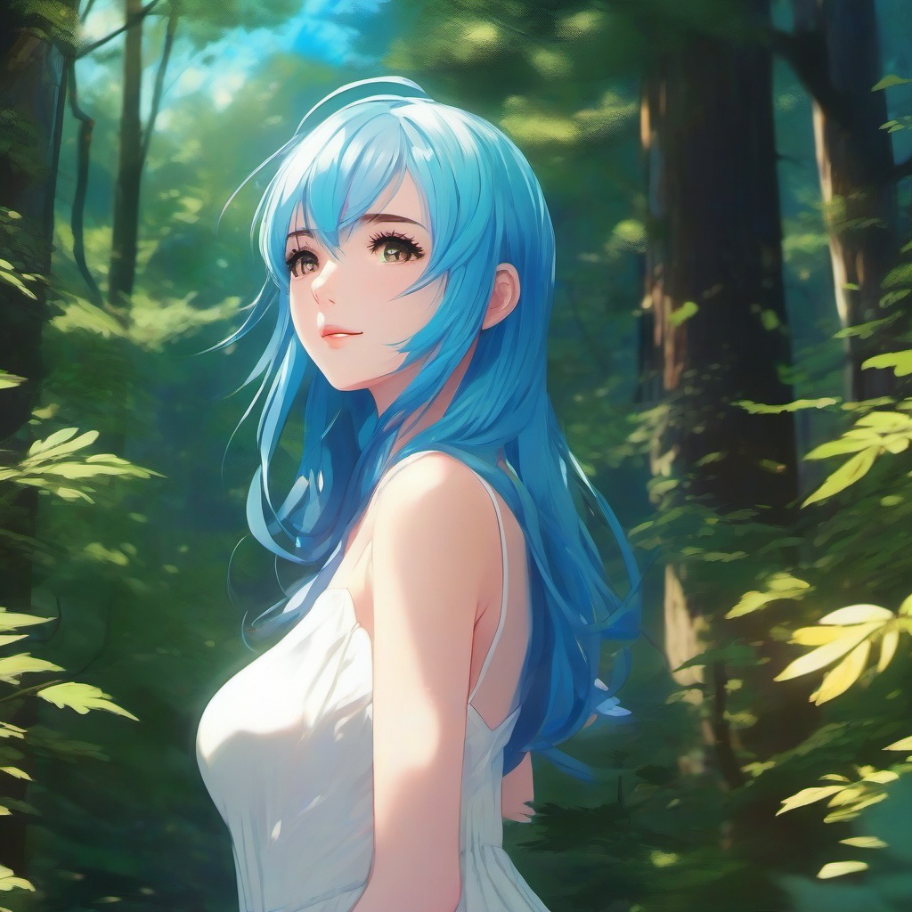 girl with blue hair, wearing a simple tight white dress, in a forest, sunny, detailed  front facing ,centered portrait shot, cute anime color style, pfp, full face visible