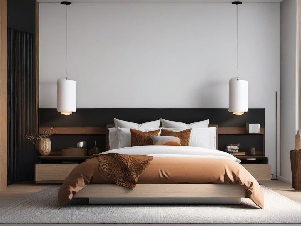 Minimalist bedroom includes a platform bed, a few decorative pillows, and a bedside table with a lamp for a clean, uncluttered look.  