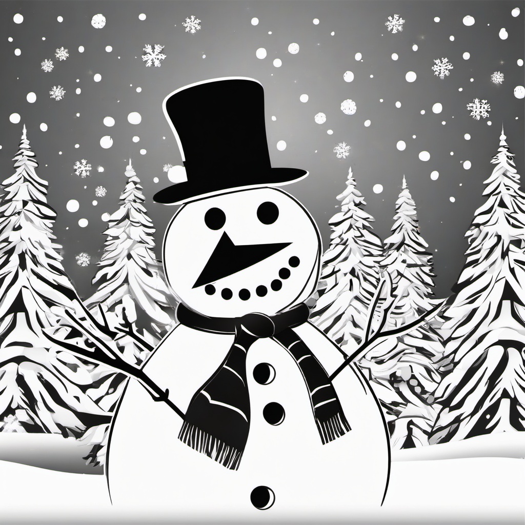 Snowman black and white in a winter wonderland clipart  simple, 2d flat