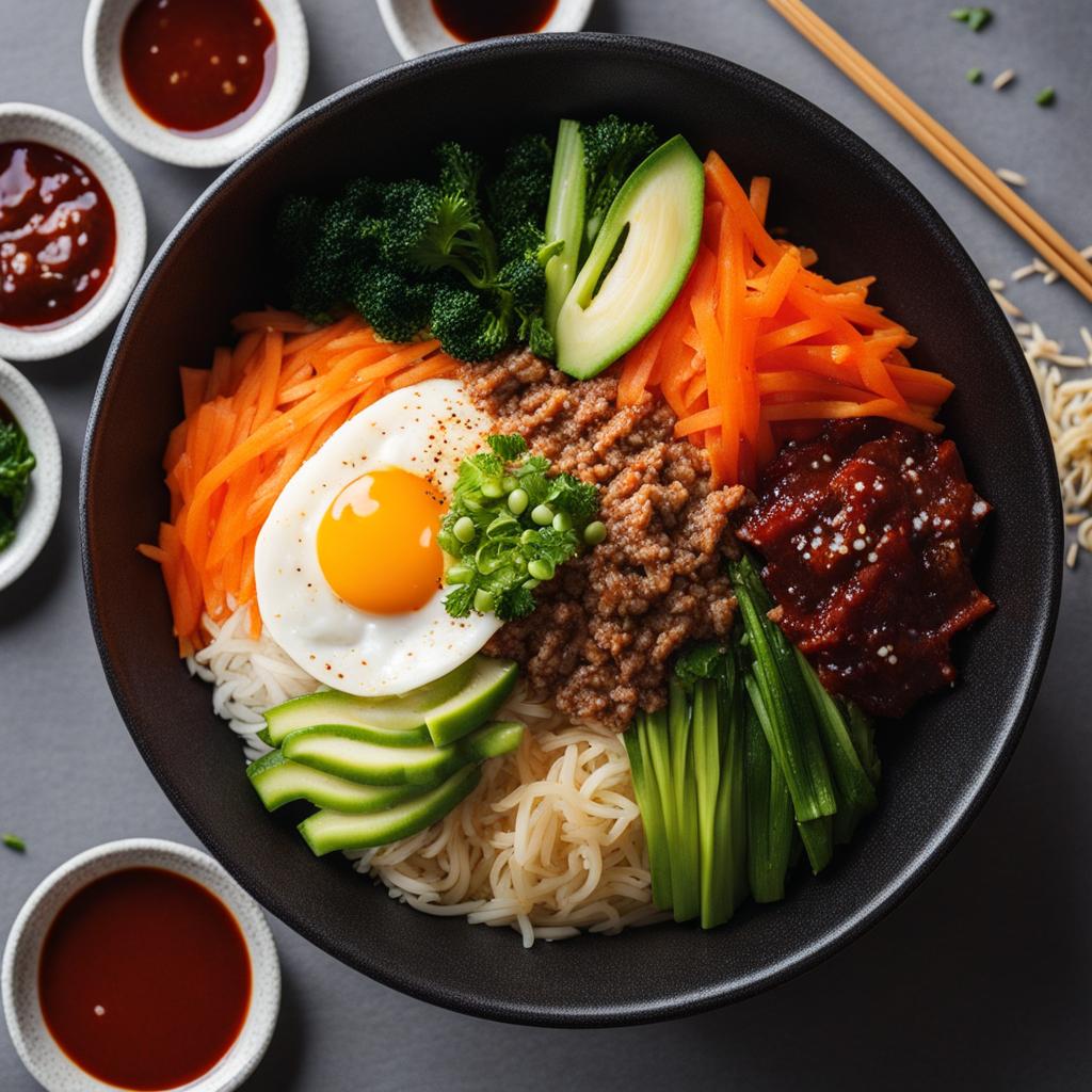 korean bibimbap journey - mixing rice, vegetables, and savory toppings with gochujang sauce. 