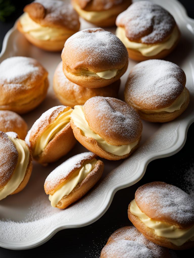 a platter of dainty cream puffs, filled with a delicate pastry cream and dusted with powdered sugar. 