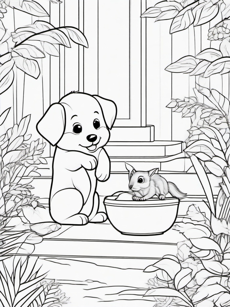 Puppy and Squirrel Coloring Pages - Fun Scene of Puppy and Squirrel Friends  minimal black outline printable sheet, coloring page