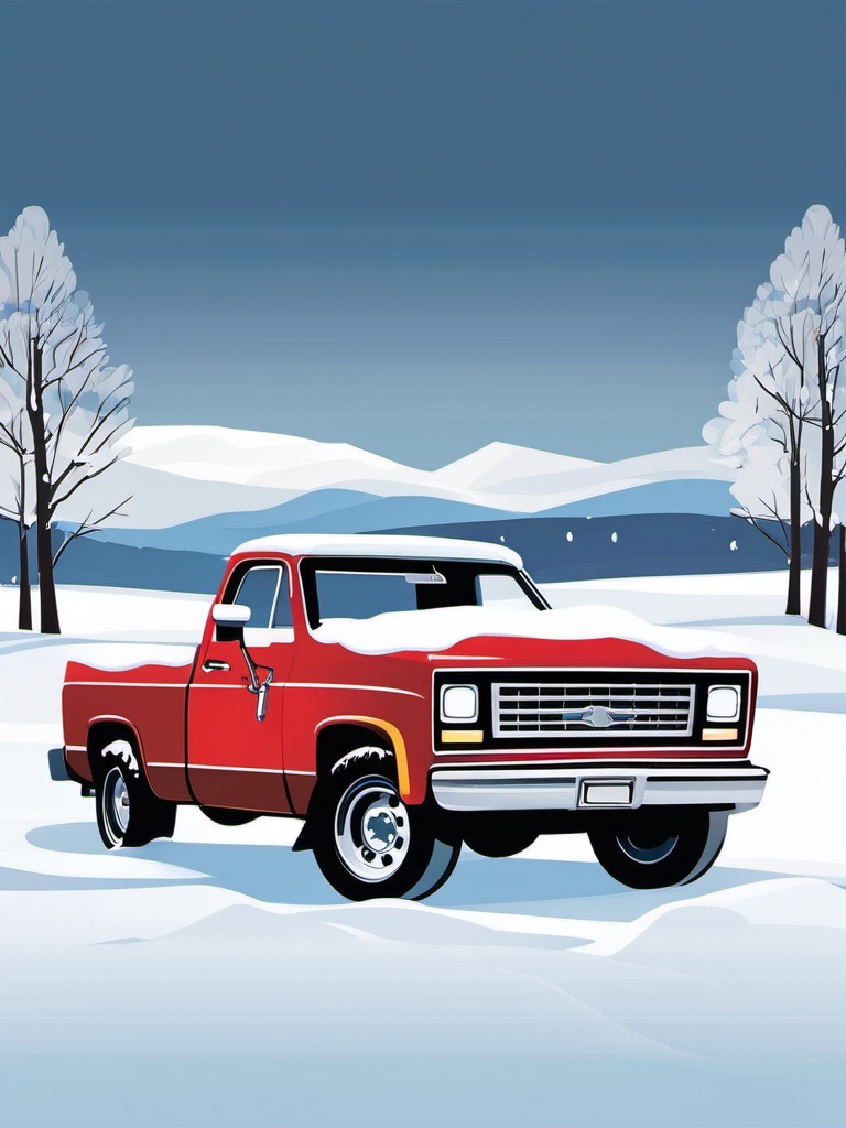 Snow-Covered Truck clipart - Snow-covered pickup truck in a field, ,vector color clipart,minimal