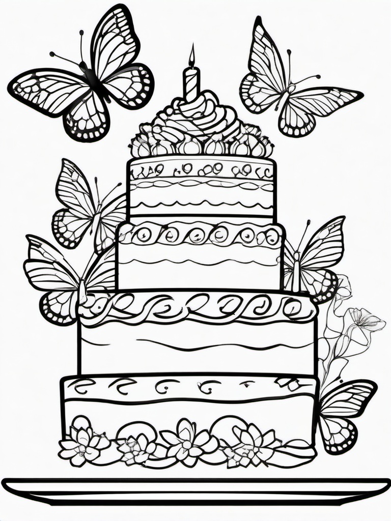 Birthday Cake with Butterflies Coloring Pages - Cake Decorated with Colorful Butterflies  minimal black outline printable sheet, coloring page