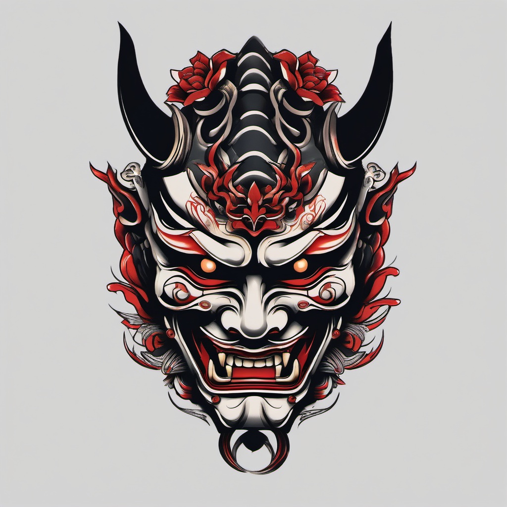 hannya mask samurai tattoo  simple color tattoo,white background,minimal