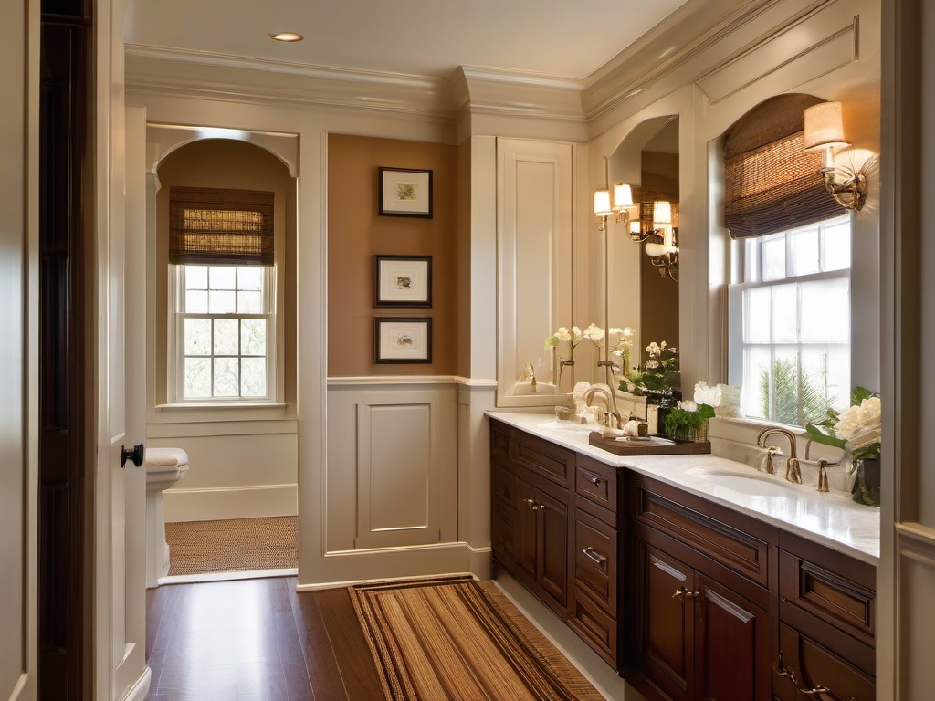 Colonial bathroom features classic cabinetry, elegant fixtures, and warm colors that provide a timeless and cozy environment.  