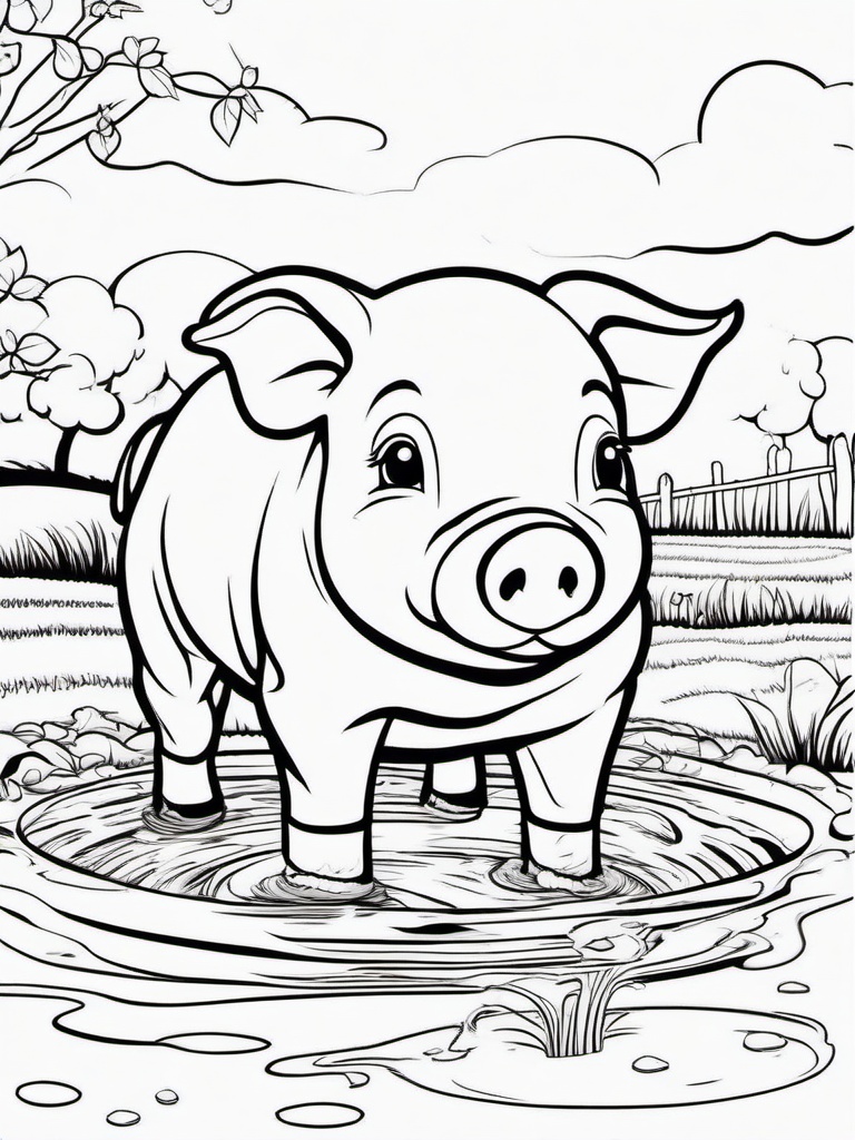 Farm Animal Coloring Pages - Pig rolling in a muddy puddle with a big smile  simple coloring pages