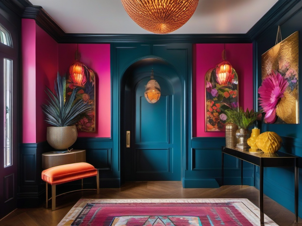 The foyer features maximalist interior design with striking colors, unique artwork, and a vibrant atmosphere that invites guests into a dynamic and engaging home.  