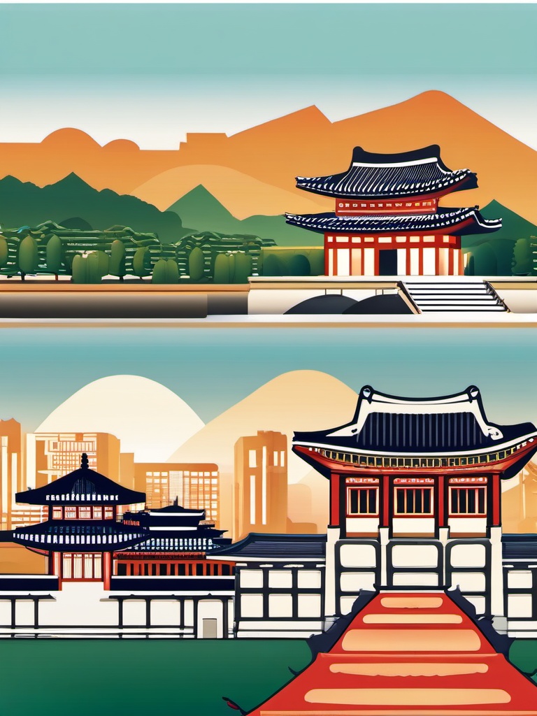 Seoul clipart - Gyeongbokgung Palace and Seoul skyline, ,color clipart vector style